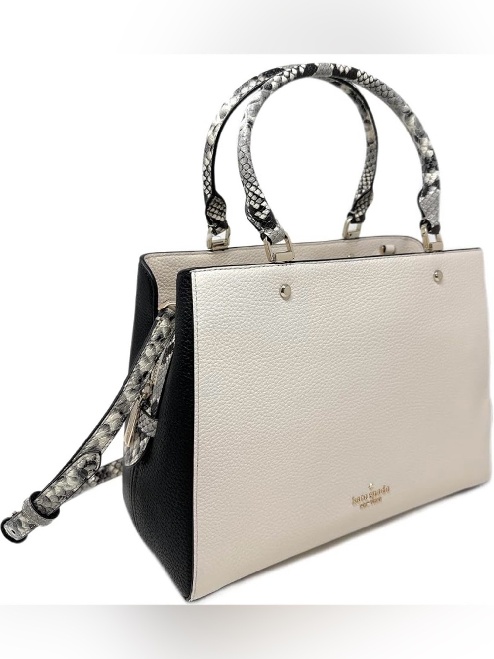 kate spade Two-Tone Pebbled Satchel in White, Black & Snake-Print